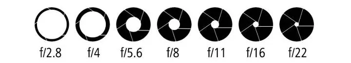 A row of aperture openings illustrating the f-stop scale from wide to narrow
