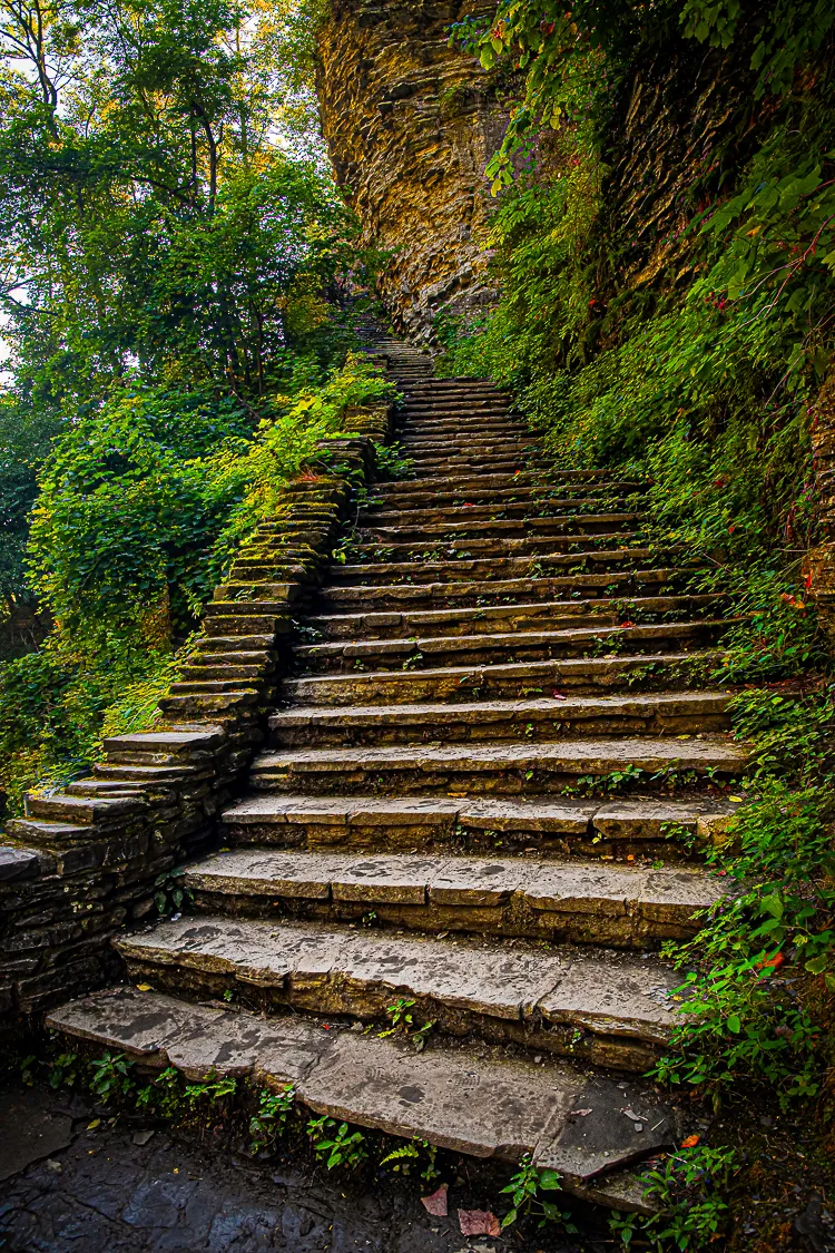 A curving staircase at Watkins Glen State Park, viewed from below